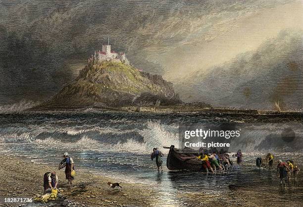 saint michael's mount cornwall (xxxl) - mont saint michel stock illustrations