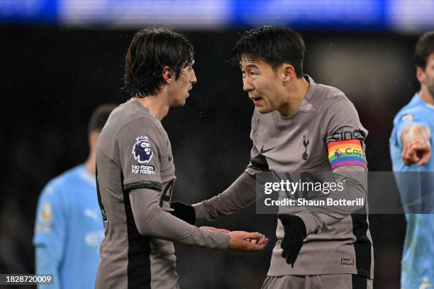 Son Heung-Min of Tottenham Hotspur reacts towards teammate Bryan Gil during the Premier League match between Manchester City and Tottenham Hotspur at...