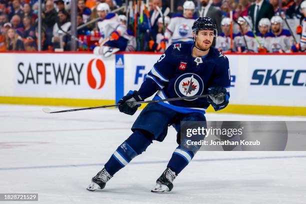 Gabriel Vilardi of the Winnipeg Jets skates during first period action against the Edmonton Oilers at Canada Life Centre on November 30, 2023 in...