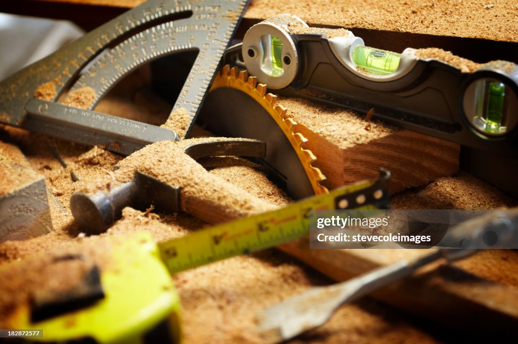 Carpentry Tools Covered in Sawdust