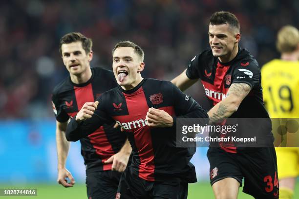 Florian Wirtz of Bayer Leverkusen celebrates after scoring a goal that is later disallowed during the Bundesliga match between Bayer 04 Leverkusen...