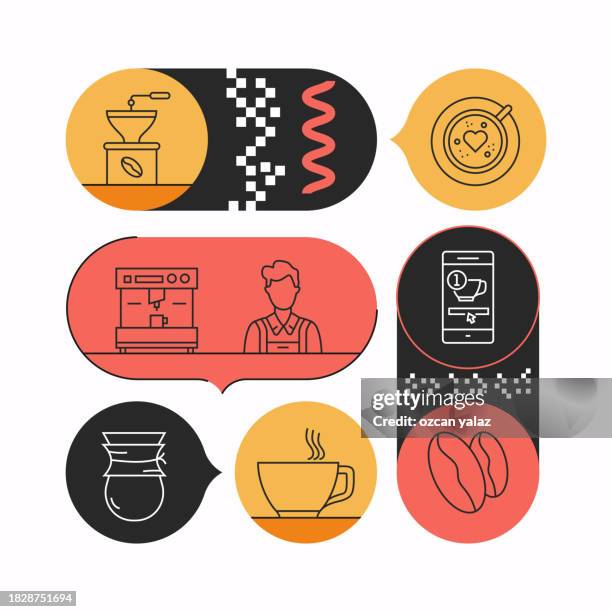 coffee and shop related vector banner design concept. global multi-sphere ready-to-use template. web banner, website header, magazine, mobile application etc. modern design. - coffee packaging stock illustrations