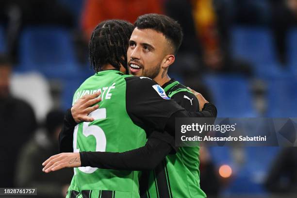 Matheus Henrique of US Sassuolo celebrates with teammate Armand Lauriente of US Sassuolo after scoring the team's first goal during the Serie A TIM...
