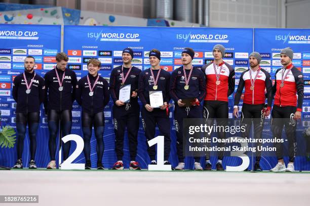 Austin Kleba, Cooper Mcleod and Zach Stoppelmoor of USA pose with the silver medal, Pal Myhren Kristensen, Bjorn Magnussen and Havard Holmefjord...