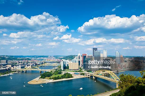pittsburgh, pennsylvania skyline with allegheny and monongahela rivers - pittsburgh sky stock pictures, royalty-free photos & images