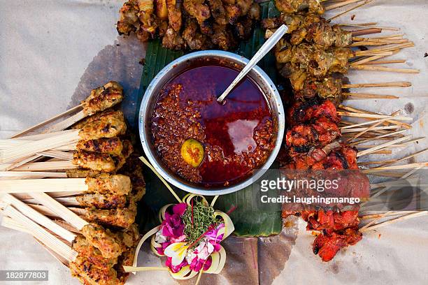indonesian dish with satay chicken skewers - indonesisk kultur bildbanksfoton och bilder