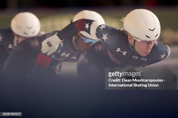 Sarah Warren, Erin Jackson and Kimi Goetz of USA compete in the Team Sprint Women race on Day 3 of the ISU World Cup Speed Skating at Var Energi...