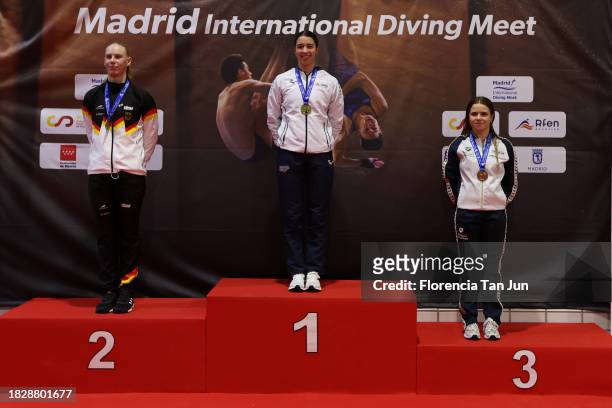 Pauline Pfeif of Germany poses with the silver medal, Valeria Antolino Pacheco of Spain with the gold medal, and Maia Biginelli of Italy with the...