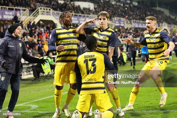 Adrian Bernabe of Parma Calcio 1913 is celebrating after scoring his team's goal during the Coppa Italia Frecciarossa football match between ACF...