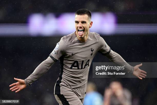 Giovani Lo Celso of Tottenham Hotspur celebrates after scoring the team's second goal during the Premier League match between Manchester City and...