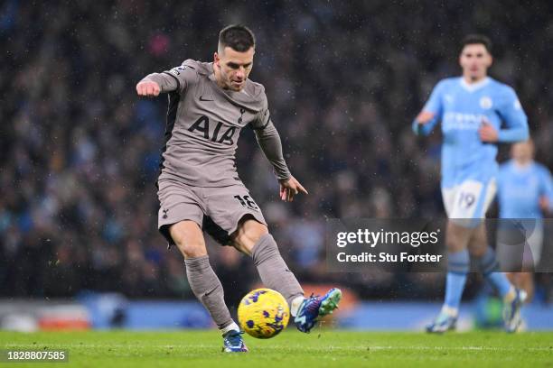 Giovani Lo Celso of Tottenham Hotspur scores the team's second goal during the Premier League match between Manchester City and Tottenham Hotspur at...