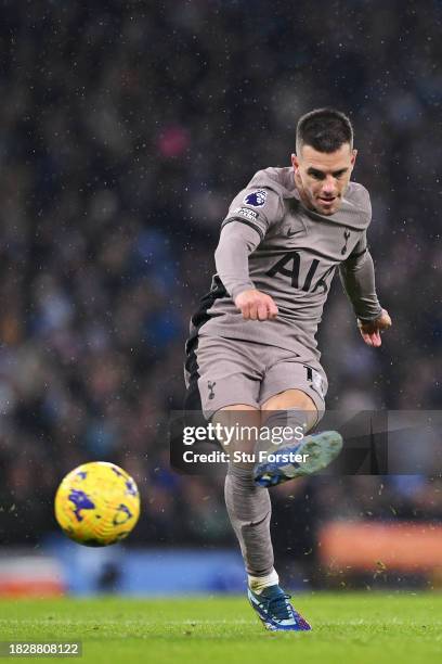 Giovani Lo Celso of Tottenham Hotspur scores the team's second goal during the Premier League match between Manchester City and Tottenham Hotspur at...