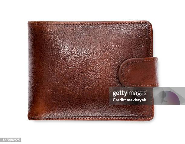 plain brown leather wallet isolated on white background - purse stock pictures, royalty-free photos & images