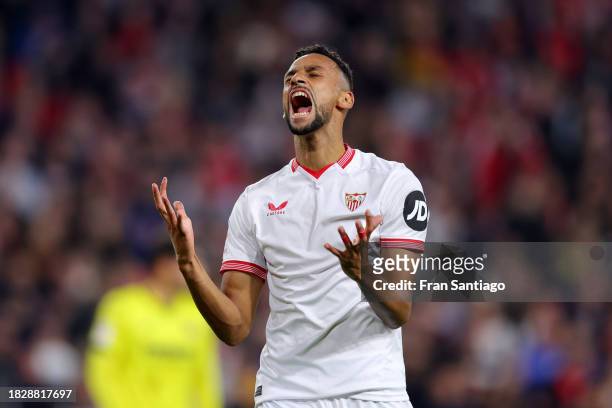 Djibril Sow of Sevilla FC reacts during the LaLiga EA Sports match between Sevilla FC and Villarreal CF at Estadio Ramon Sanchez Pizjuan on December...