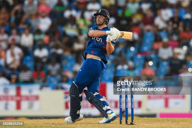 Will Jacks of England hits 6 during the 2nd ODI match between the West Indies and England at Vivian Richards Cricket Stadium in North Sound, Antigua...