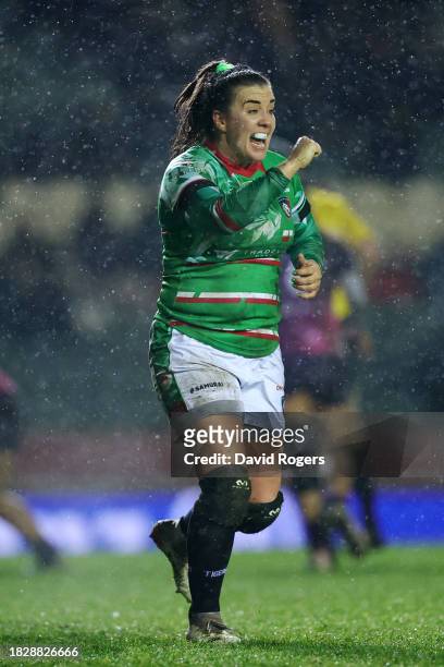 Natasha Jones of Leicester Tigers reactsduring the Allianz Premiership Women's Rugby match between Leicester Tigers and Loughborough Lightning at...