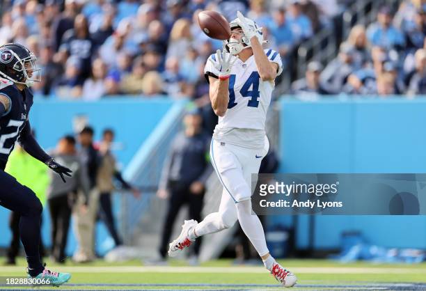 Alec Pierce of the Indianapolis Colts catches a pass for a touchdown against the Tennessee Titans during the first quarter of the game at Nissan...