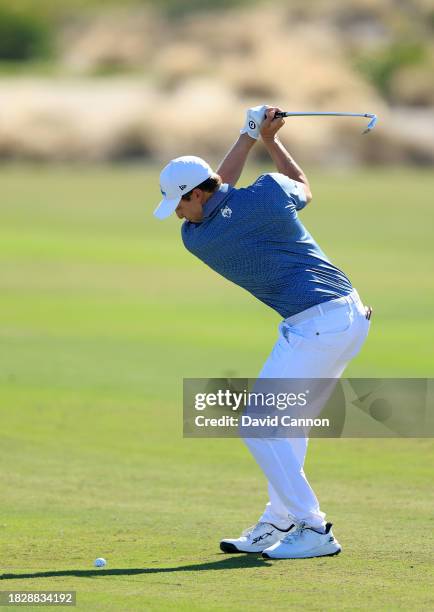 Matthew Fitzpatrick of England plays his second shot on the third hole during the final round of the Hero World Challenge at Albany Golf Course on...