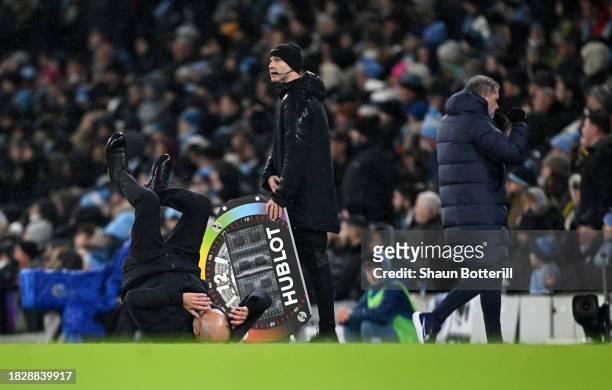 Pep Guardiola, Manager of Manchester City, reacts during the Premier League match between Manchester City and Tottenham Hotspur at Etihad Stadium on...