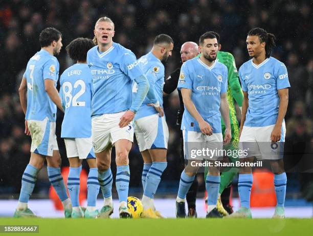 Erling Haaland of Manchester City reacts during the Premier League match between Manchester City and Tottenham Hotspur at Etihad Stadium on December...