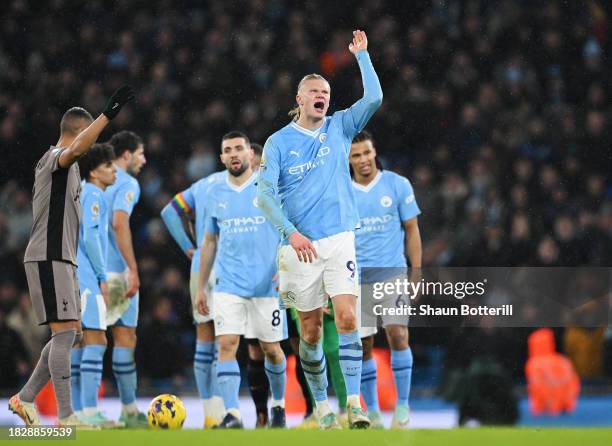 Erling Haaland of Manchester City reacts during the Premier League match between Manchester City and Tottenham Hotspur at Etihad Stadium on December...