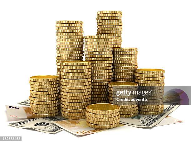 goldene münzen und bar - münzen stock-fotos und bilder