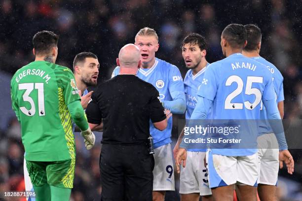 Erling Haaland of Manchester City reacts towards Referee, Simon Hooper during the Premier League match between Manchester City and Tottenham Hotspur...