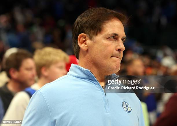 Dallas Mavericks owner Mark Cuban is seen on the court after the loss to the Oklahoma City Thunder at American Airlines Center on December 02, 2023...