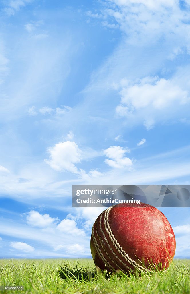 Red leather cricket ball on green grass under blue sky