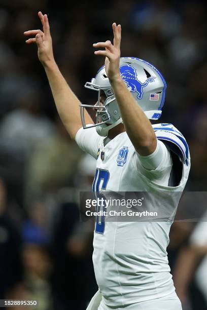 Jared Goff of the Detroit Lions celebrates after scoring a touchdown in the first quarter against the New Orleans Saints at the Caesars Superdome on...