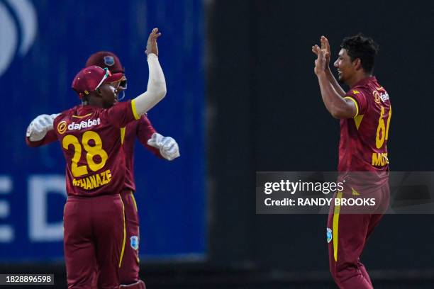 Gudakesh Motie of the West Indies celebrates the dismissal of Ben Duckett of England during the 2nd ODI match between the West Indies and England at...