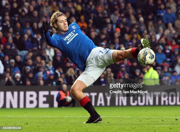 Todd Cantwell of Rangers attempts to control the ball during the Cinch Scottish Premiership match between Rangers FC and St. Mirren FC at Ibrox...