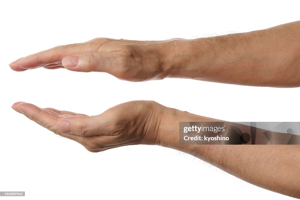 Isolated shot of palms hands sign against white background