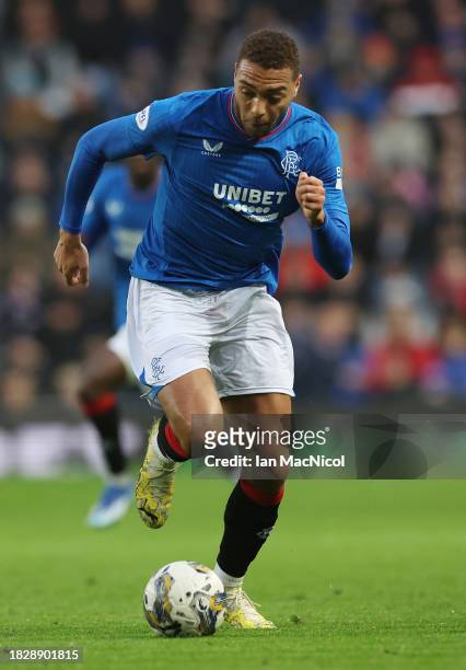 Cyriel Dessers of Rangers controls the ball during the Cinch Scottish Premiership match between Rangers FC and St. Mirren FC at Ibrox Stadium on...
