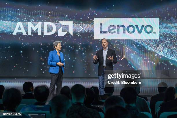 Lisa Su, chair and chief executive officer of Advanced Micro Devices Inc. , left, and Kirk Skaugen, executive vice president of Lenovo Group Ltd.,...