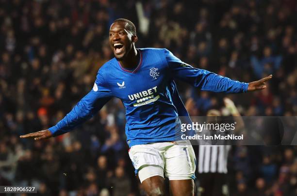Abdallah Sima of Rangers celebrates after hew scores his team's second goal during the Cinch Scottish Premiership match between Rangers FC and St....