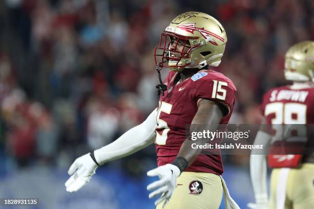 Tatum Bethune of the Florida State Seminoles cheers on the crowd against the Louisville Cardinals during the ACC Championship at Bank of America...