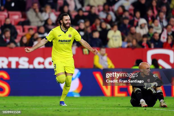 Ben Brereton Diaz of Villarreal CF celebrates after scoring the team's second goal before it is disallowed after a VAR Review during the LaLiga EA...