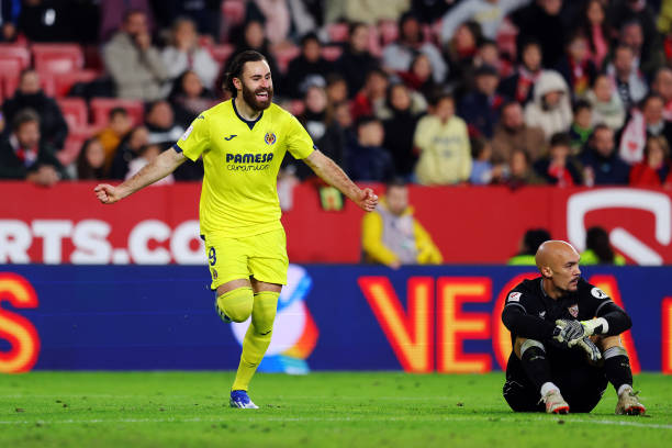 Ben Brereton Diaz of Villarreal CF celebrates after scoring the team's second goal before it is disallowed after a VAR Review during the LaLiga EA...