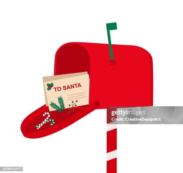 illustrations, cliparts, dessins animés et icônes de boîte aux lettres ouverte de noël avec des cannes de bonbon, des branches de sapin et des lettres de souhait pour le père noël. joyeux noël et bonne année concept - boîte au lettre