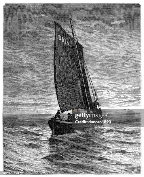 victorian fishing boat - skipjack stock illustrations