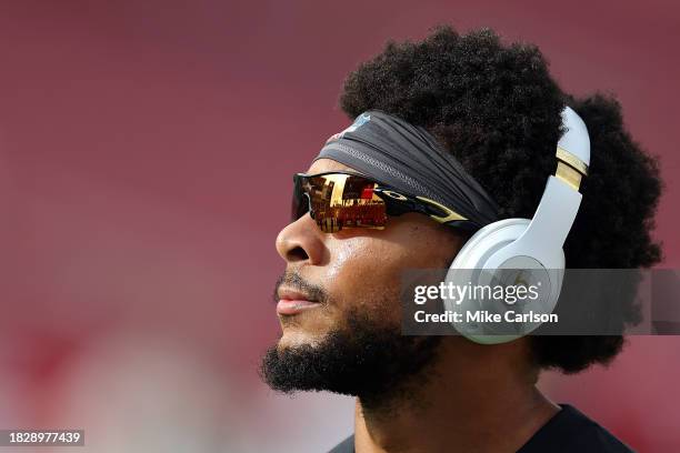 Antoine Winfield Jr. #31 of the Tampa Bay Buccaneers warms up prior to a game against the Carolina Panthers at Raymond James Stadium on December 03,...