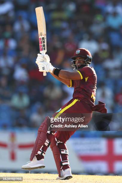 Shai Hope of West Indies plays an attacking shot during the 1st CG United One Day International match between West Indies and England at Sir Vivian...
