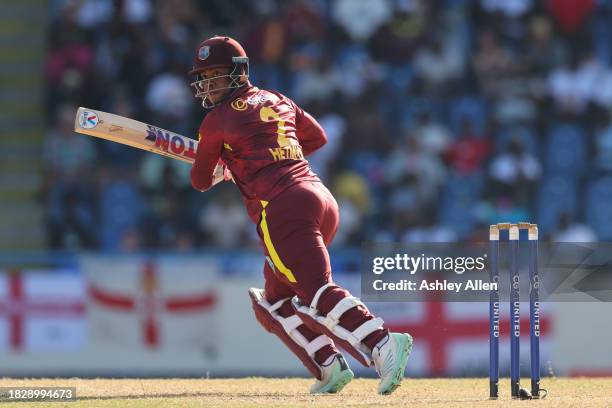 Shimron Hetmyer of West Indies bats during the 1st CG United One Day International match between West Indies and England at Sir Vivian Richards...