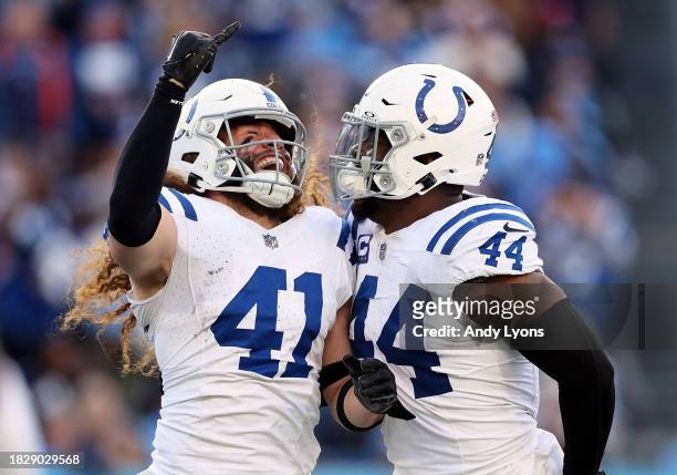 Grant Stuard and Zaire Franklin of the Indianapolis Colts celebrate during the second half of the game against the Tennessee Titans at Nissan Stadium...