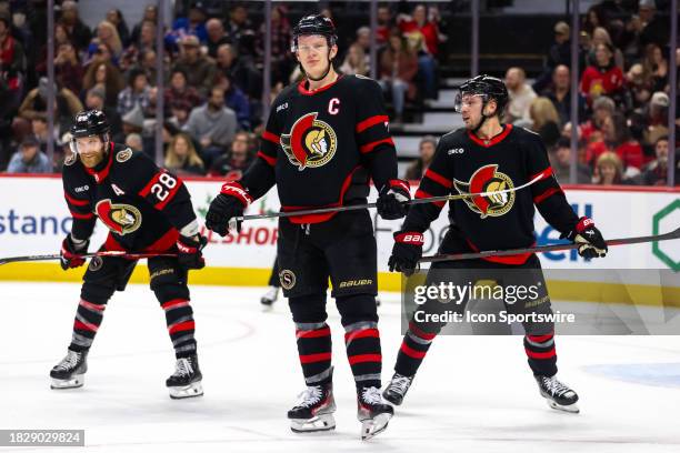 Ottawa Senators Left Wing Brady Tkachuk before a face-off during second period National Hockey League action between the New York Rangers and Ottawa...