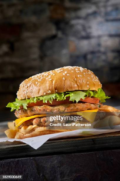 smashed ground chicken cheese burger - turkey burger stock pictures, royalty-free photos & images