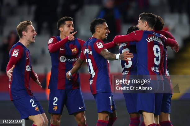 Joao Felix of FC Barcelona celebrates with teammates after scoring the team's first goal during the LaLiga EA Sports match between FC Barcelona and...
