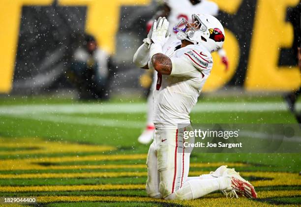 James Conner of the Arizona Cardinals celebrates after a touchdown during the third quarter in the game against the Pittsburgh Steelers at Acrisure...