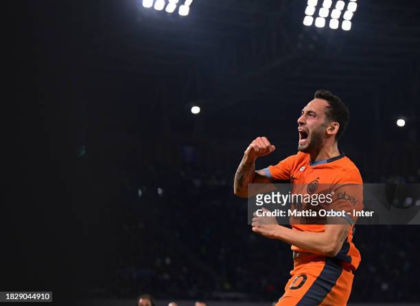 Hakan Calhanoglu of FC Internazionale celebrates after scoring the goal during the Serie A TIM match between SSC Napoli and FC Internazionale at...